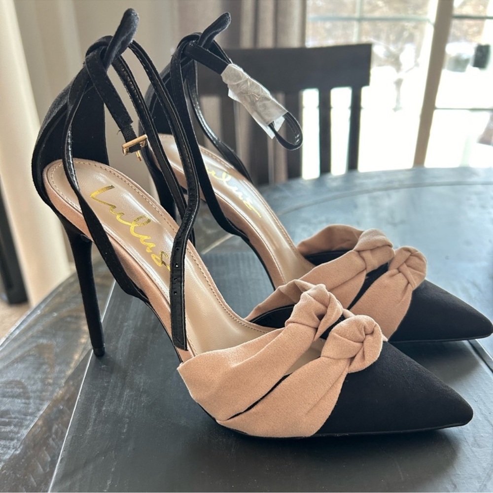 Lulu's Black and Tan Heels with Peep-Toe Design and Stiletto Heels